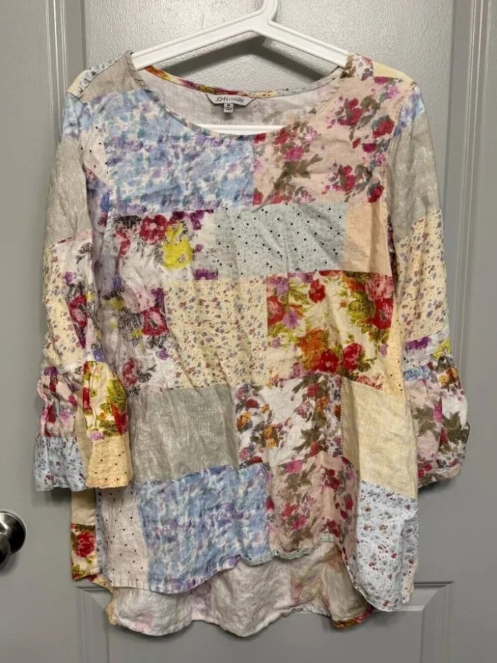 John Mark M Patchwork Floral 100% Linen Tunic Hi-Low 3/4 Sleeve Top